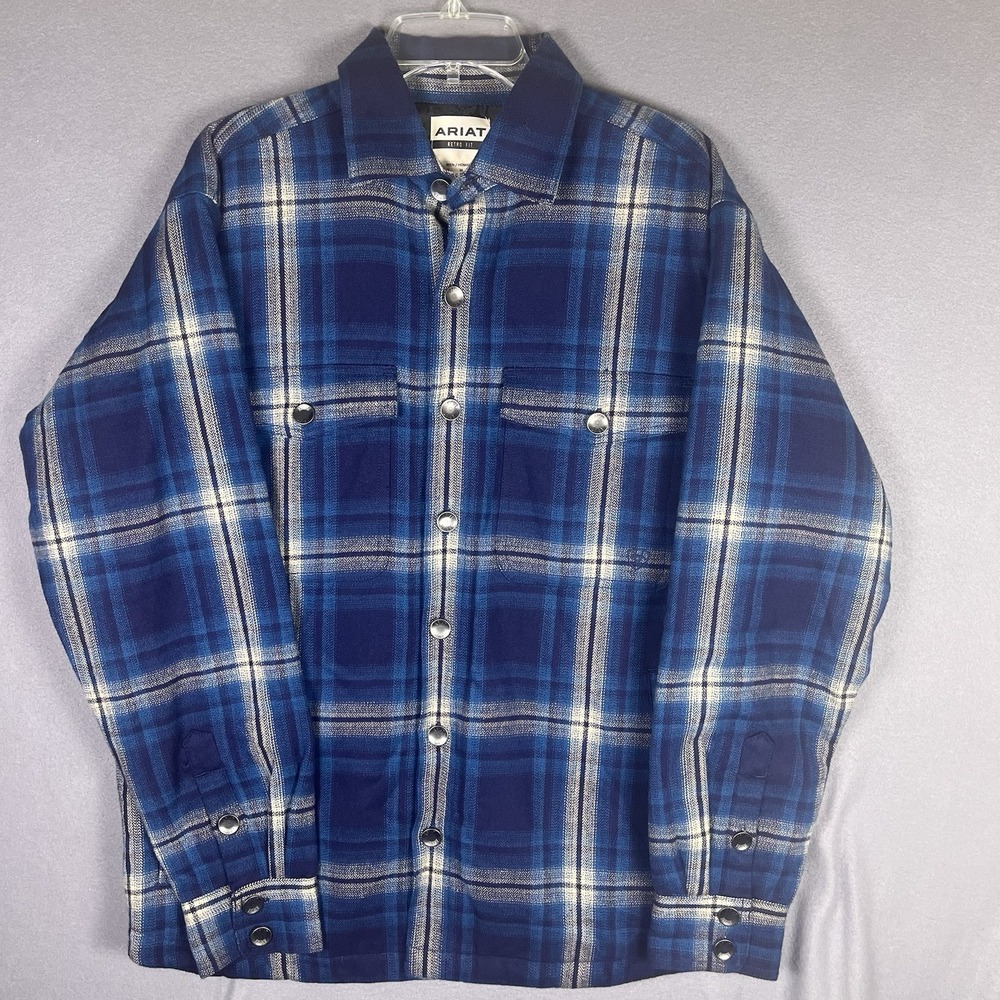 Ariat Shirt Jacket Mens L Blue Plaid Retro Fit Hannoch Insulated